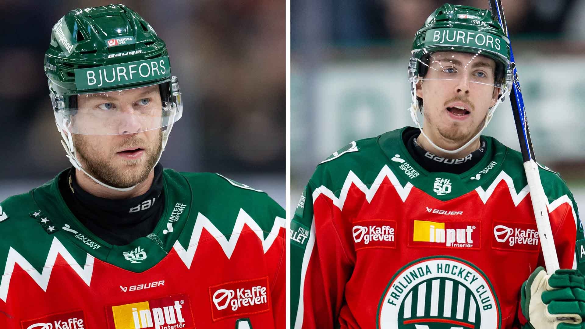 Två ishockeyspelare i gröna och röda trikåer med Björfors-logga på hjälmen.