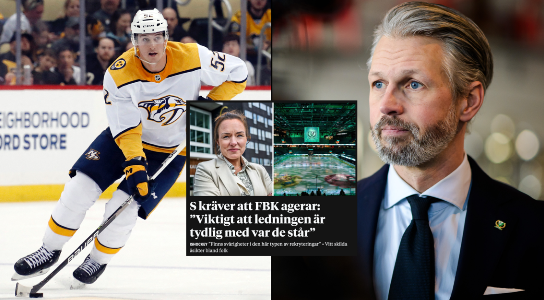 Kollage med ishockeyspelare i Nashville Predators uniform, porträttbild av man i kostym och nyhetsbild med intervju om FBK-ägare och ledning.