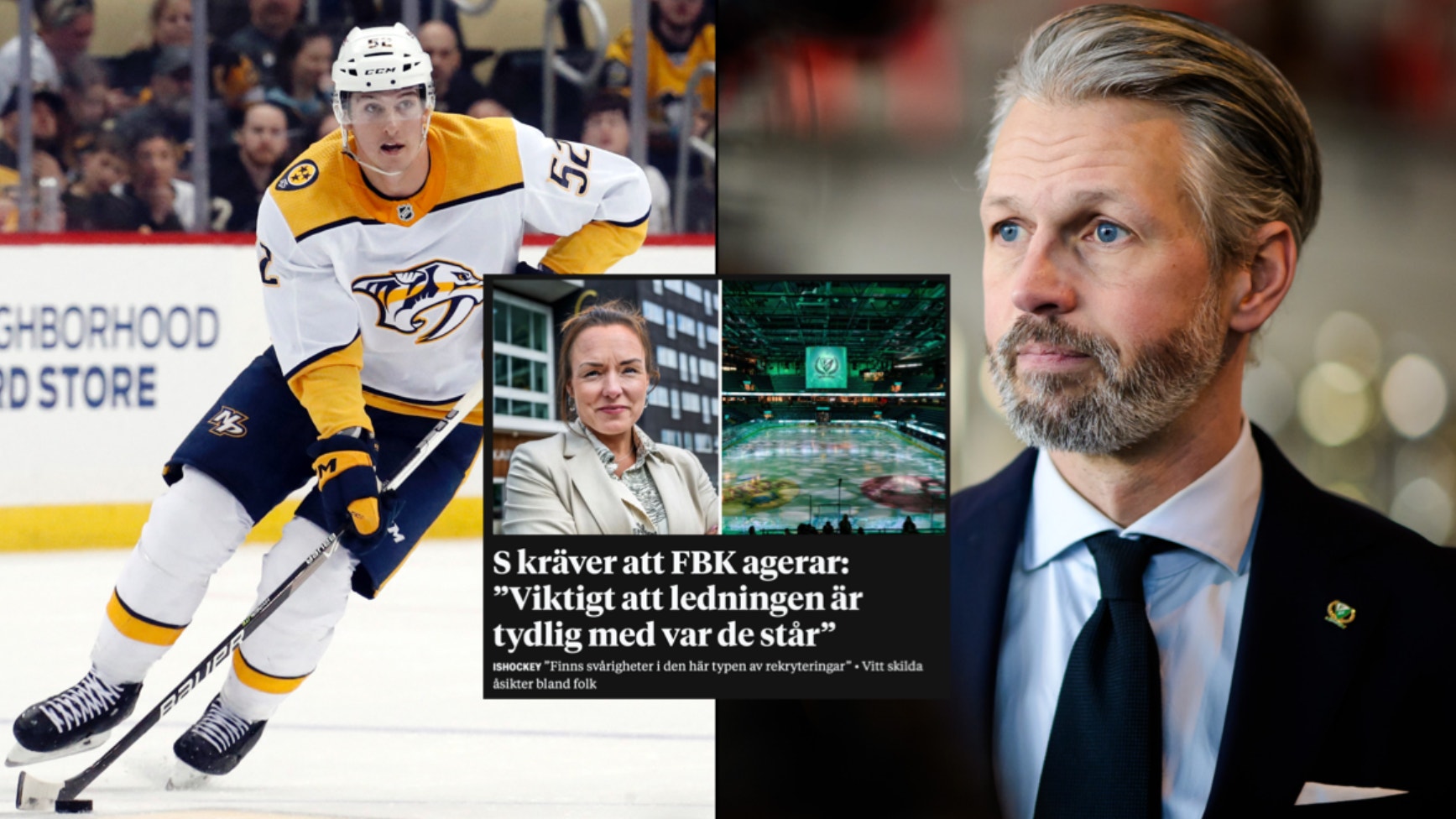 Kollage med ishockeyspelare i Nashville Predators uniform, porträttbild av man i kostym och nyhetsbild med intervju om FBK-ägare och ledning.