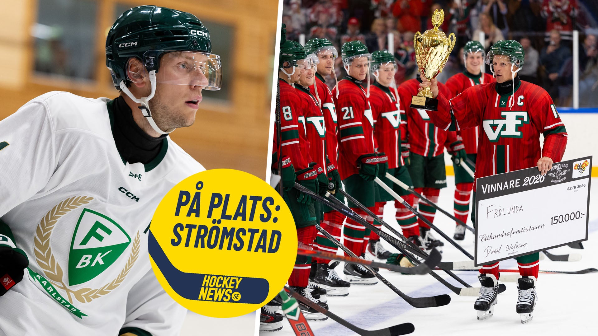 Ishockeyscen med en spelare i vit tröja till vänster och ett lag i röda tröjor uppradade på isen till höger. Överlagring visar 'PÅ PLATS: STRÖMSTAD' från Hockey News.