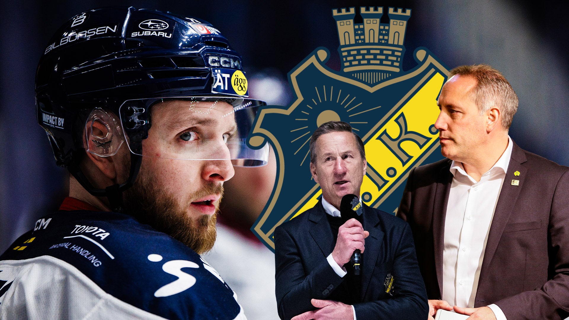 Ishockeyspelaren Robin Kovacs i hockeyutrustning och två män i kostym vid ett podium med ett klubbemblem.