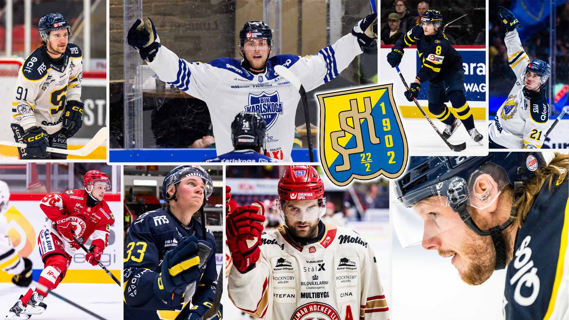 Collage av ishockeyspelare i action under matcher. Flera fotografier visar spelare i olika lag-uniformer som spelar hockey på isen med klubbor. I mitten finns ett lag-emblem.