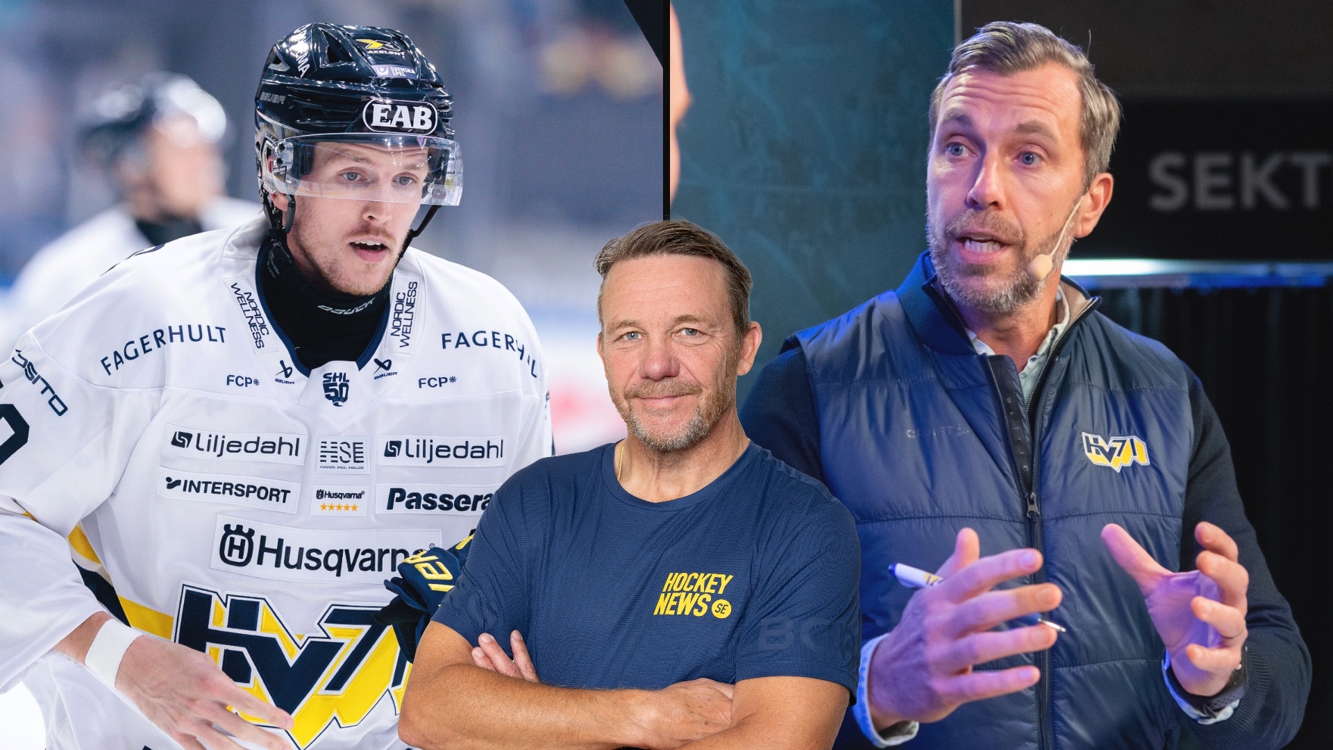 Kollage med ishockeyspelare i vit matchdräkt och två män i mörkblå tröjor som verkar vara tränare eller experter.