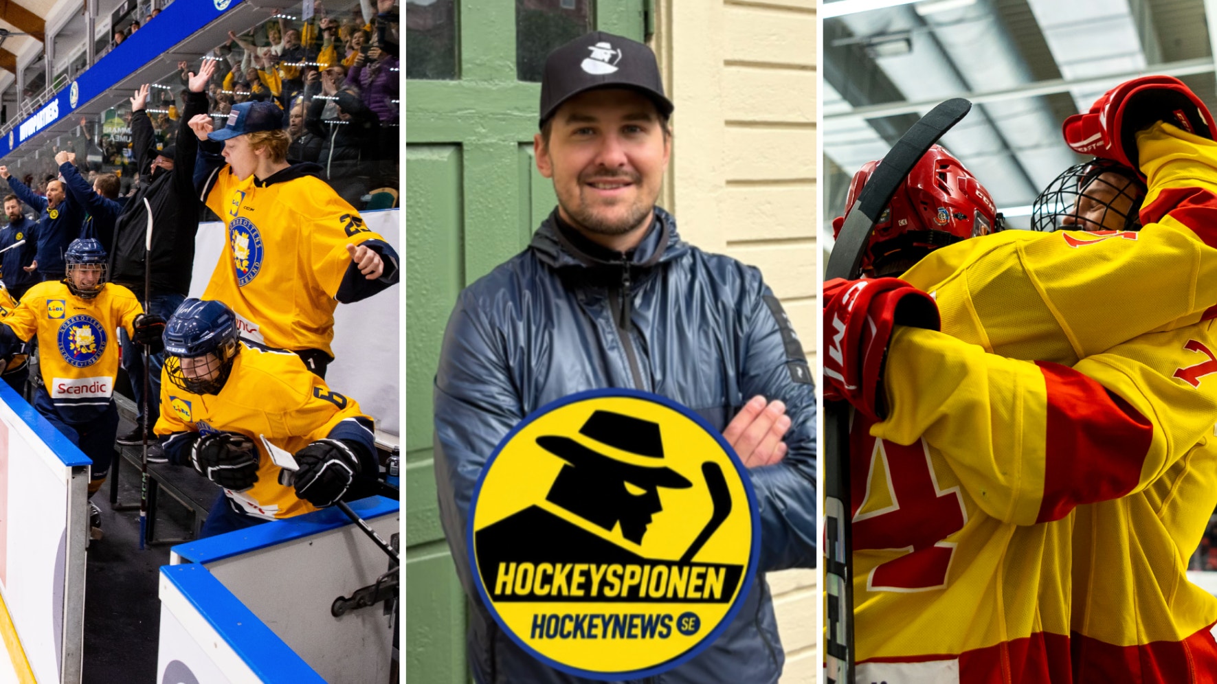 En bildkollage med tre bilder: hockeyspelare i gult och blått som jublar vid sargen, en man som poserar med Hockeyspionens logotyp, samt hockeyspelare i röda och gula matchtröjor.