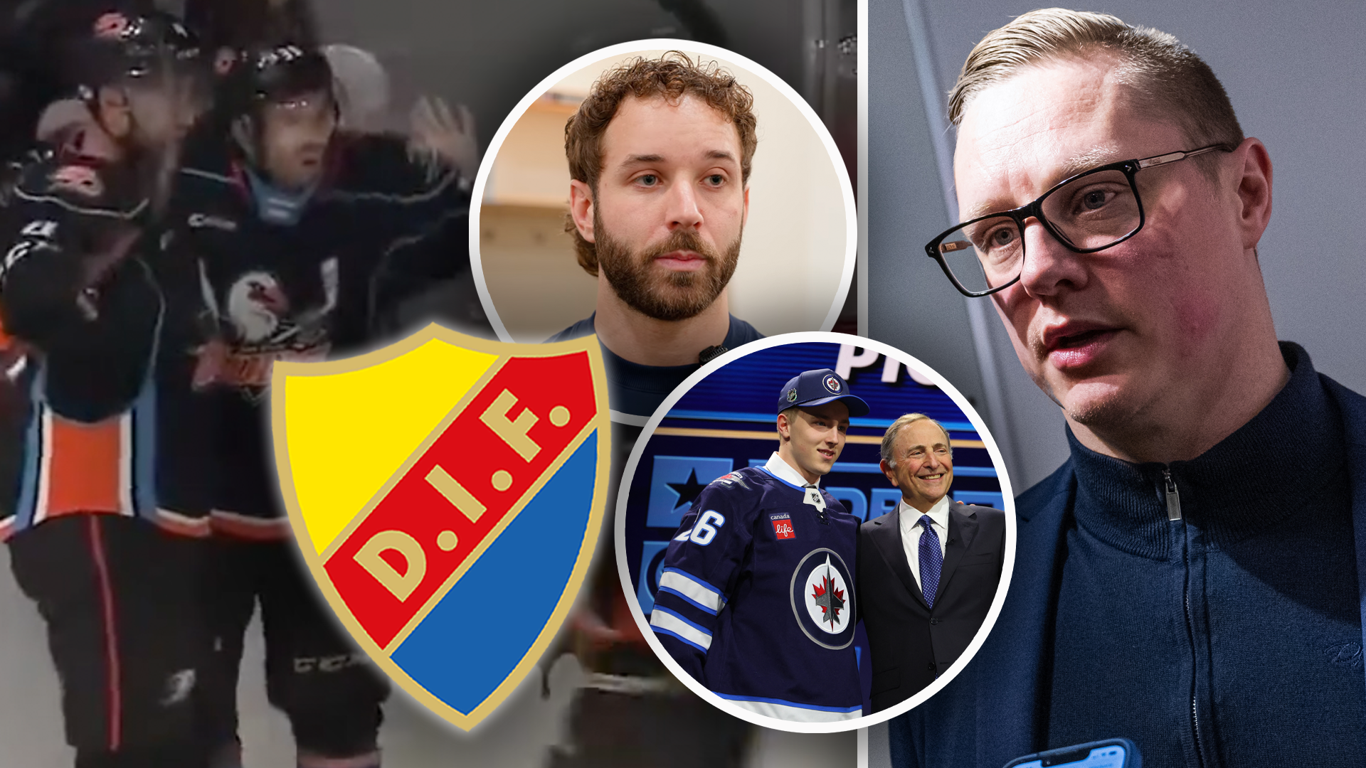 Kollage med porträtt av tre män och ishockeyrelaterade element inklusive klubblogotyper och matchscener.