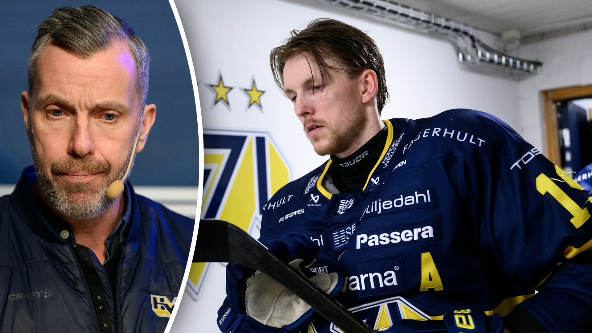 Två personer inom ishockey: en äldre man och en ishockeyspelare i blå och gul utrustning.