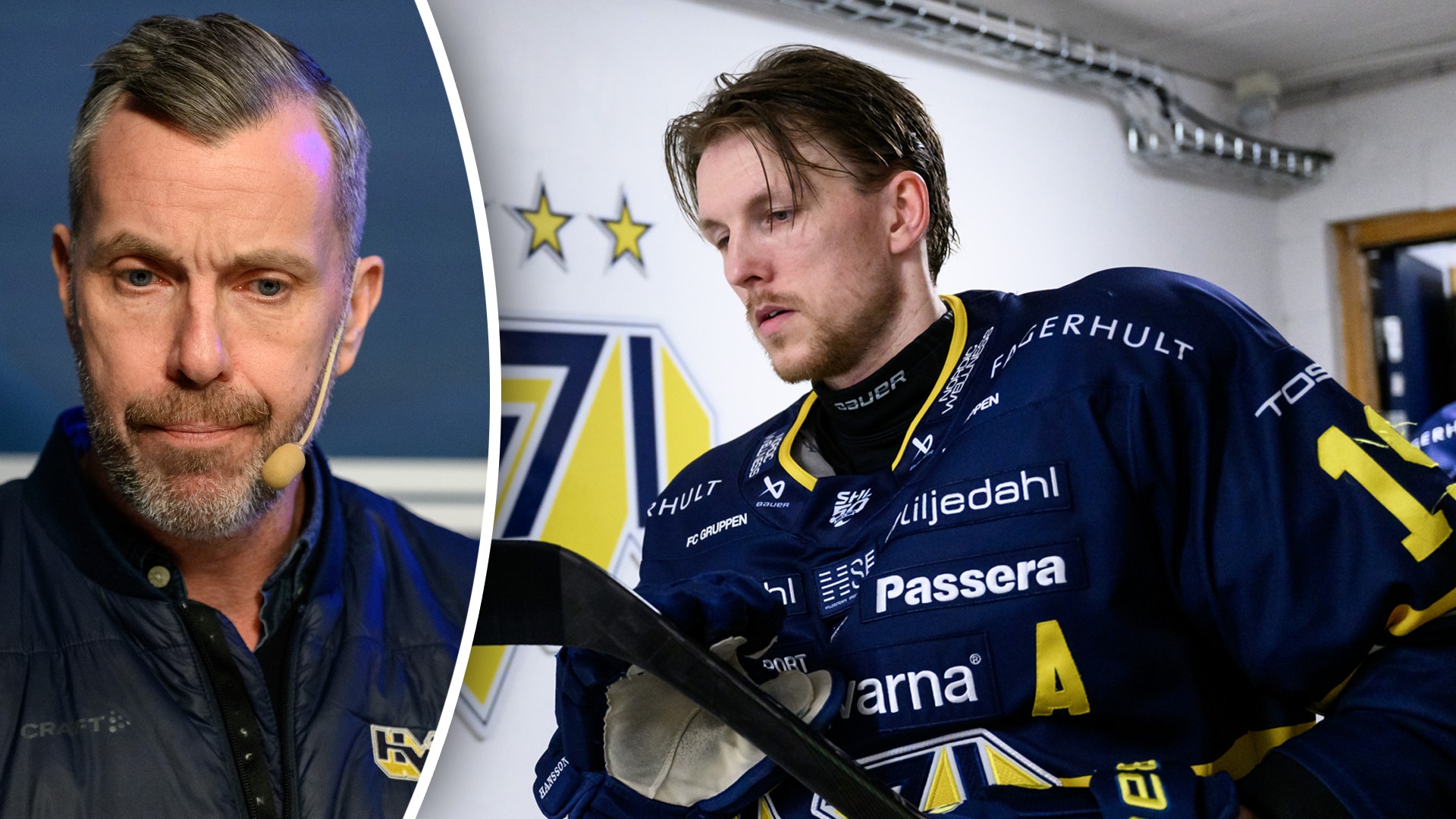 Två personer inom ishockey: en äldre man och en ishockeyspelare i blå och gul utrustning.