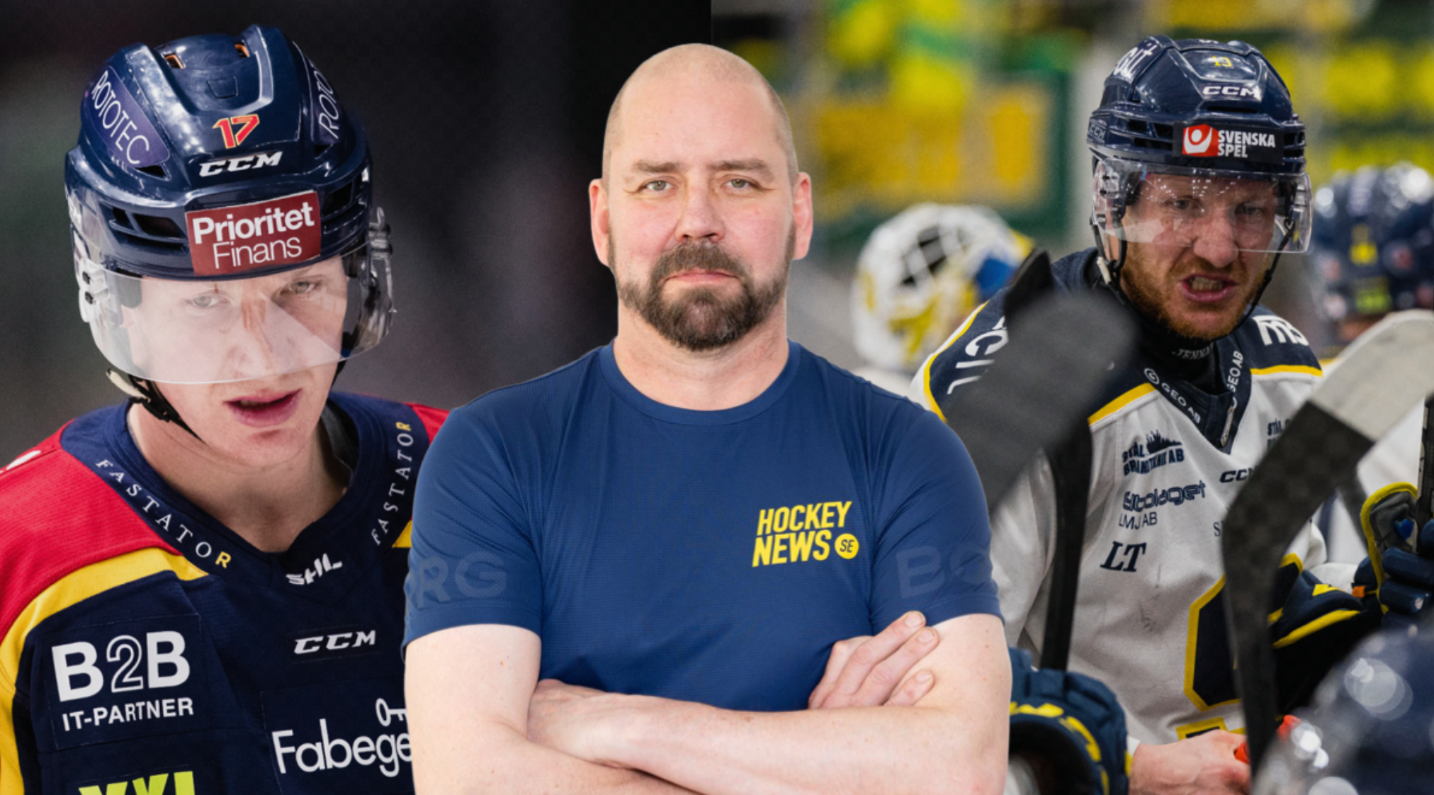 Tre ishockeyrelaterade personer: en spelare i röd och blå ishockeydräkt med hjälm på vänster sida, en man i mörkblå skjorta med Hockey News-logga i mitten, och en spelare i svart och vit ishockeydräkt med hjälm på höger sida.