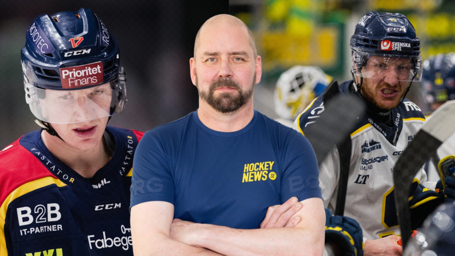 Tre ishockeyrelaterade personer: en spelare i röd och blå ishockeydräkt med hjälm på vänster sida, en man i mörkblå skjorta med Hockey News-logga i mitten, och en spelare i svart och vit ishockeydräkt med hjälm på höger sida.