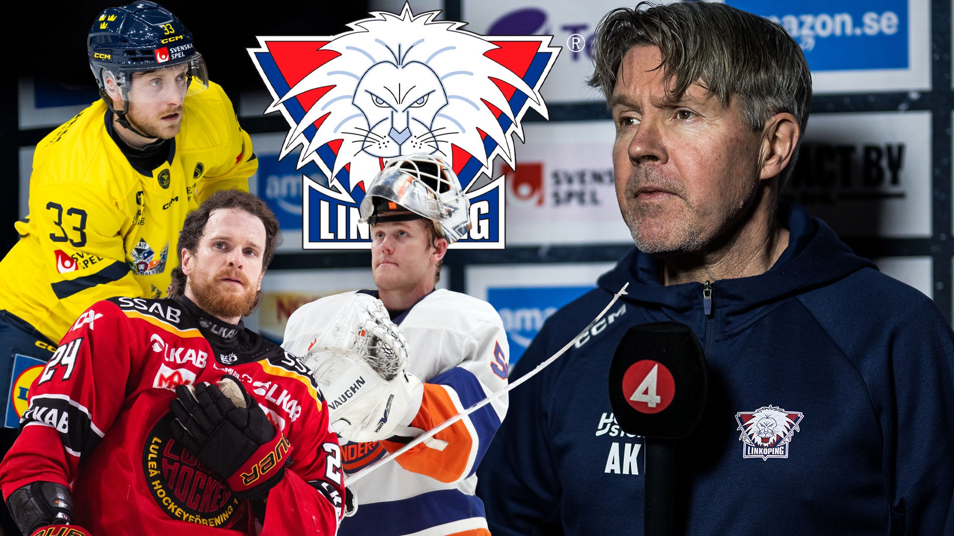 Ishockeyspelare och tränare i olika trikåer samlade kring en ishockeylogga.