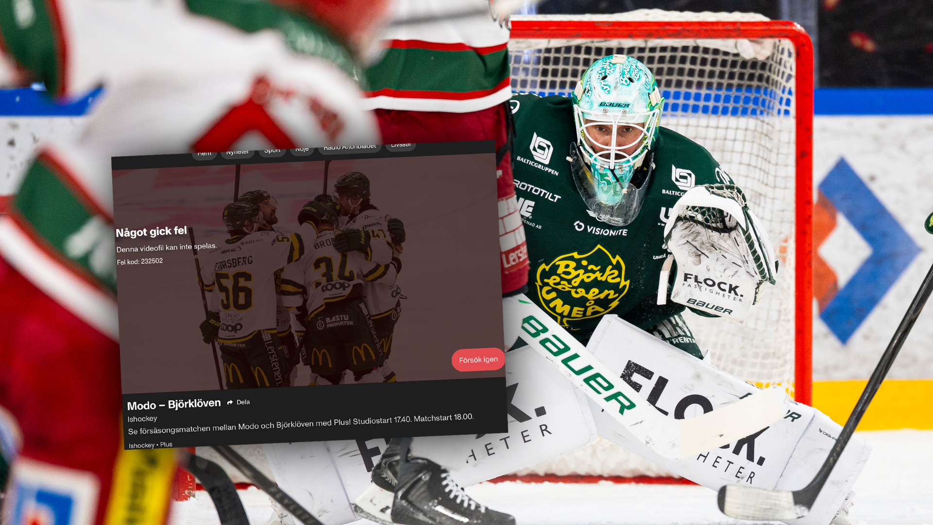 Ishockeycollage med en målvakt i grön och vit utrustning framför ett mål, omgiven av ishockeyspelare och svenska flaggor.