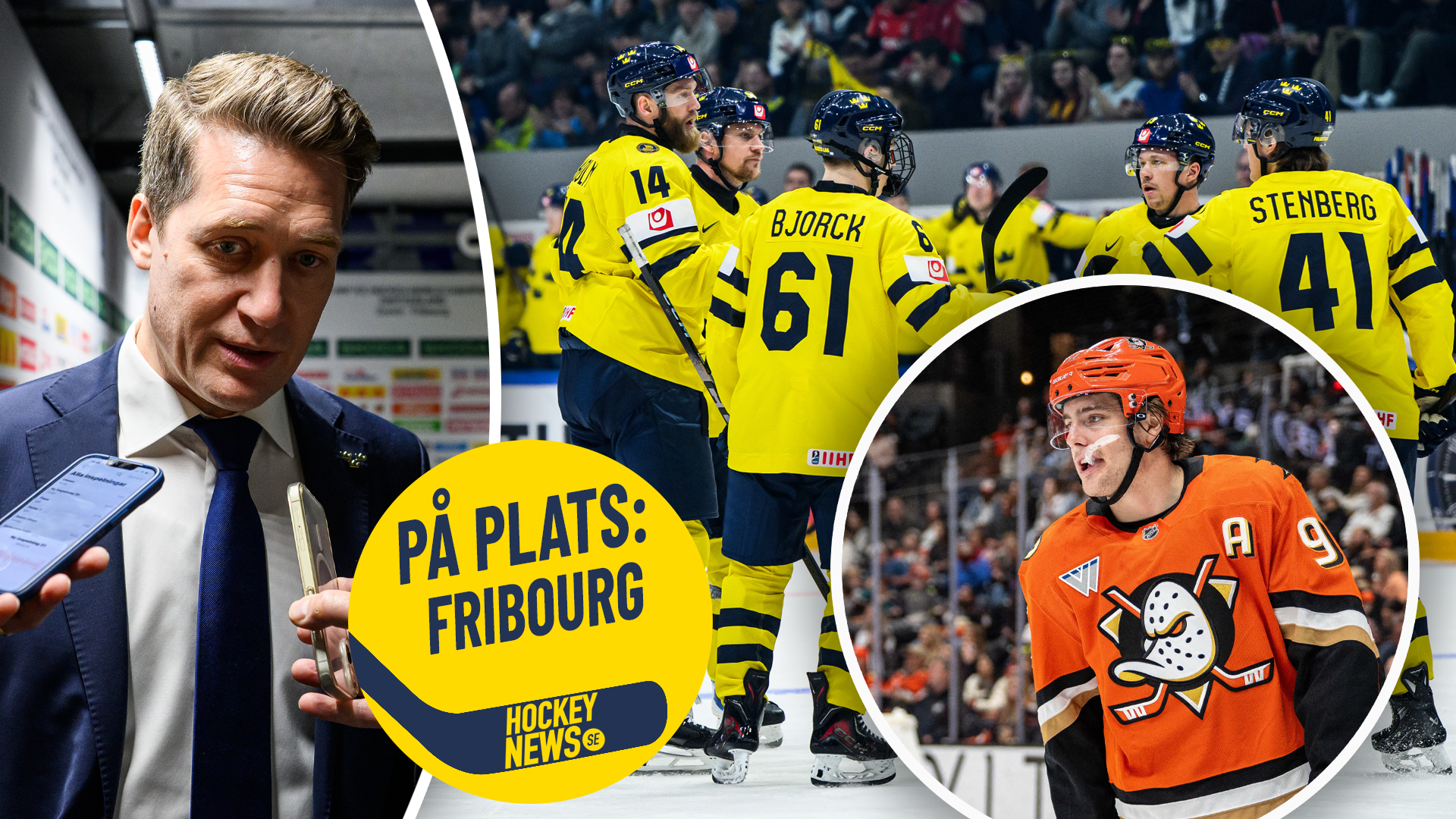 Collage från ishockeymatch i Fribourg. Till vänster en man i kostym med en gul skylt märkt 'PÅ PLATS: FRIBOURG' och Hockey News-logotyp. I mitten lag ishockeyspelare i gula tröjor under match. Till höger en inzoomad cirkel med en ishockeyspelare i orange tröja.