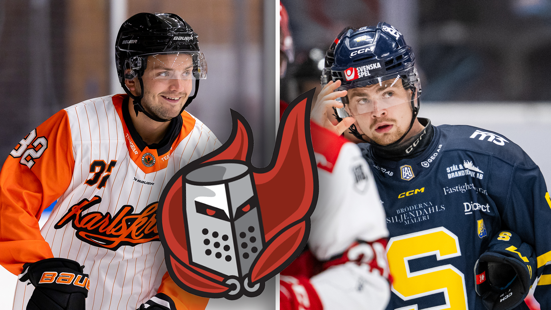 Två ishockeyspelare i match-uniformer. Till vänster en spelare i orange och vit tröja, till höger en spelare i mörkblå tröja. I mitten en röd och svart ishockeylogga.