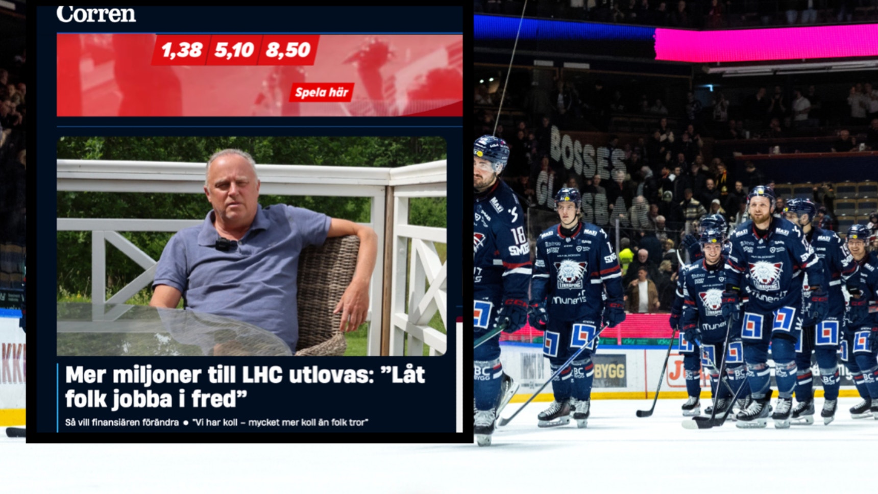 Skärmdump från hockeynyhetswebbplats med två artiklar: till vänster en man i blå skjorta som diskuterar miljoner till LHC, till höger ishockeymatch med spelare i mörkblå uniformer på isen.