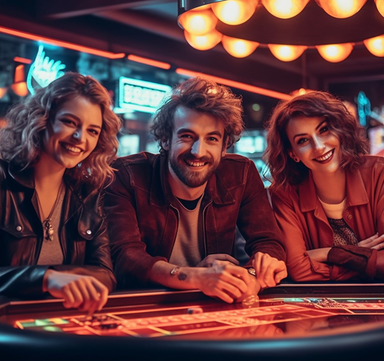 Happy guy and girls at poker table