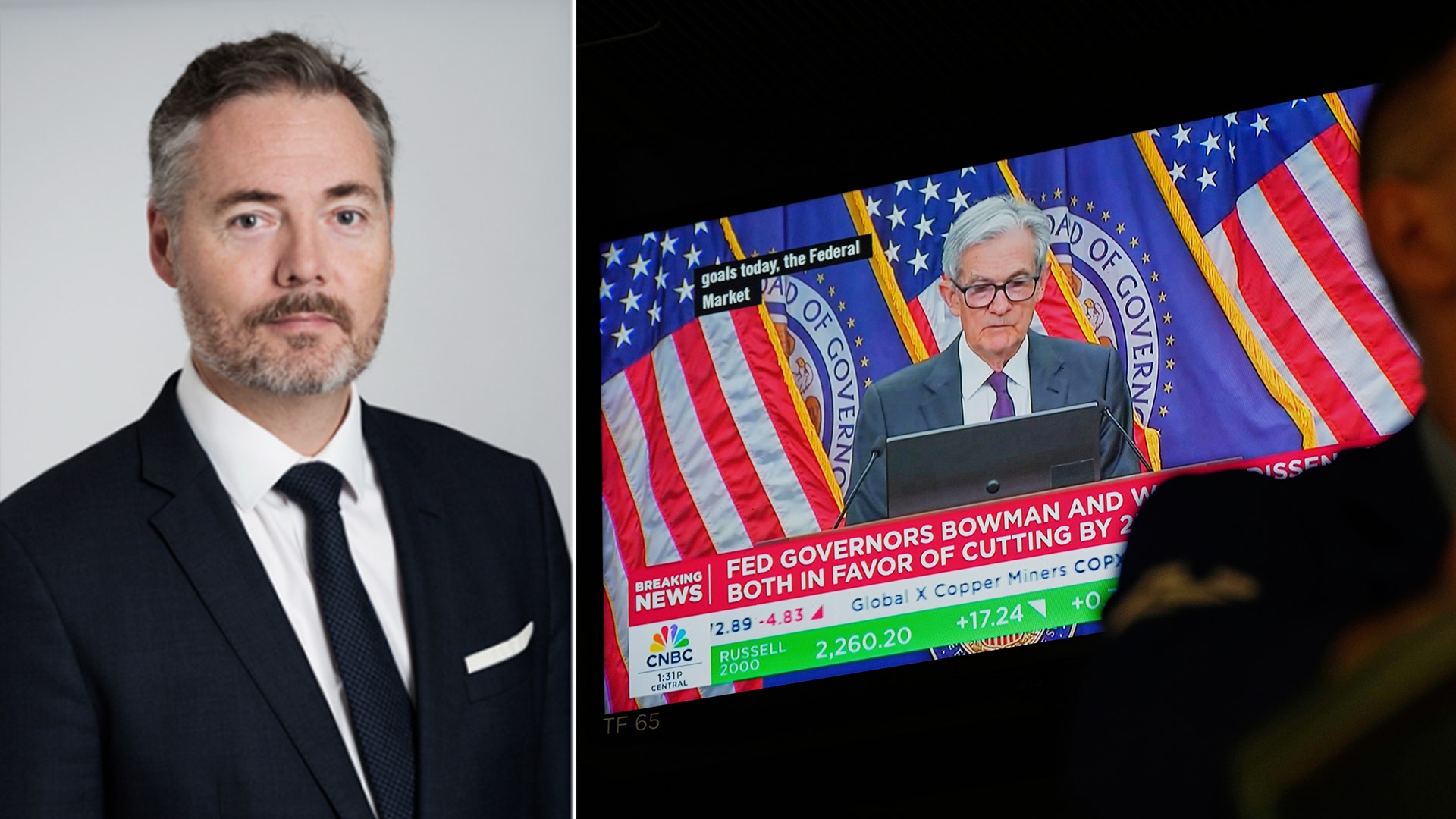 Pär Magnusson och en tv med Jerome Powell.