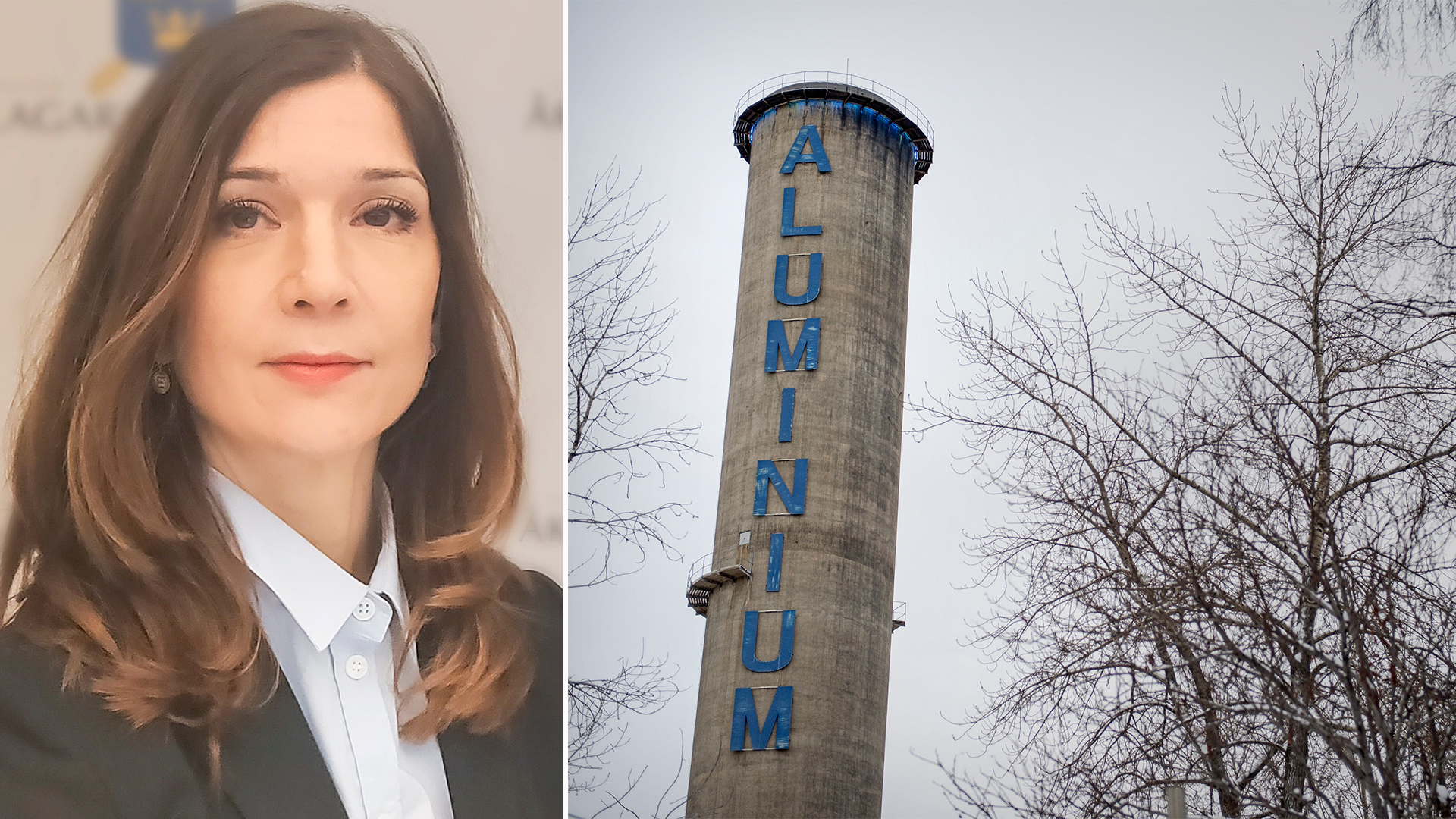 Porträttfoto av en kvinna till vänster och ett industriellt torn med text till höger