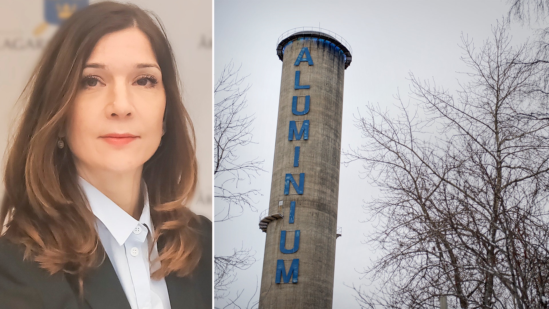 Porträttfoto av en kvinna till vänster och ett industriellt torn med text till höger