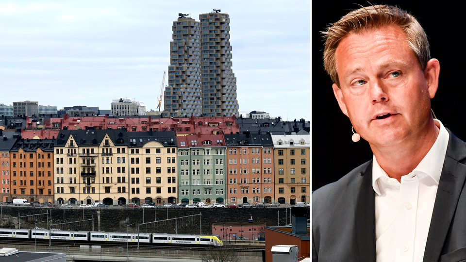 Bild på bostäder till vänster, SBAB:s chefsekonom Robert Boije till höger.