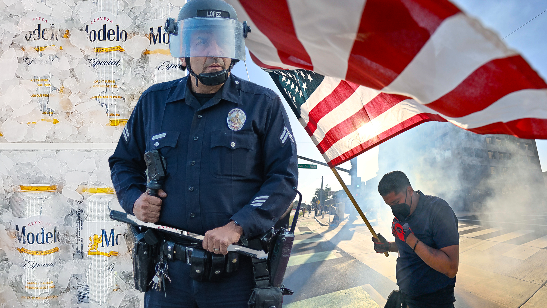 Puffbild med Modelo-öl, polis och demonstrationer i USA.