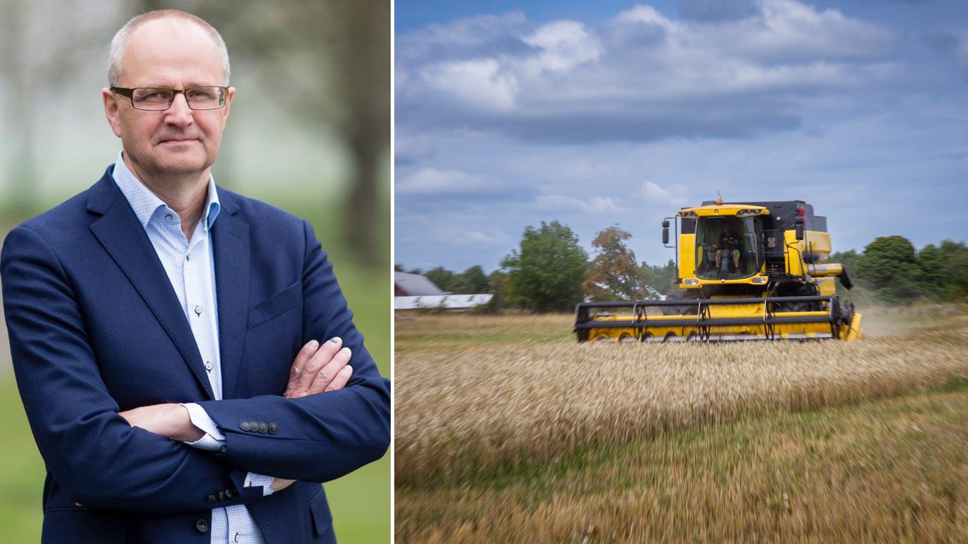 Palle Borgström ordförande på LRF, i blå kostym tillsammans med en bild på en gul skördemaskin på ett fält.