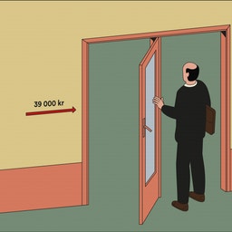 Illustration som visar en person i dörröppning med två priser: 39 000 kr till vänster och 79 000 kr till höger, som illustrerar prisskillnad på en anställd.