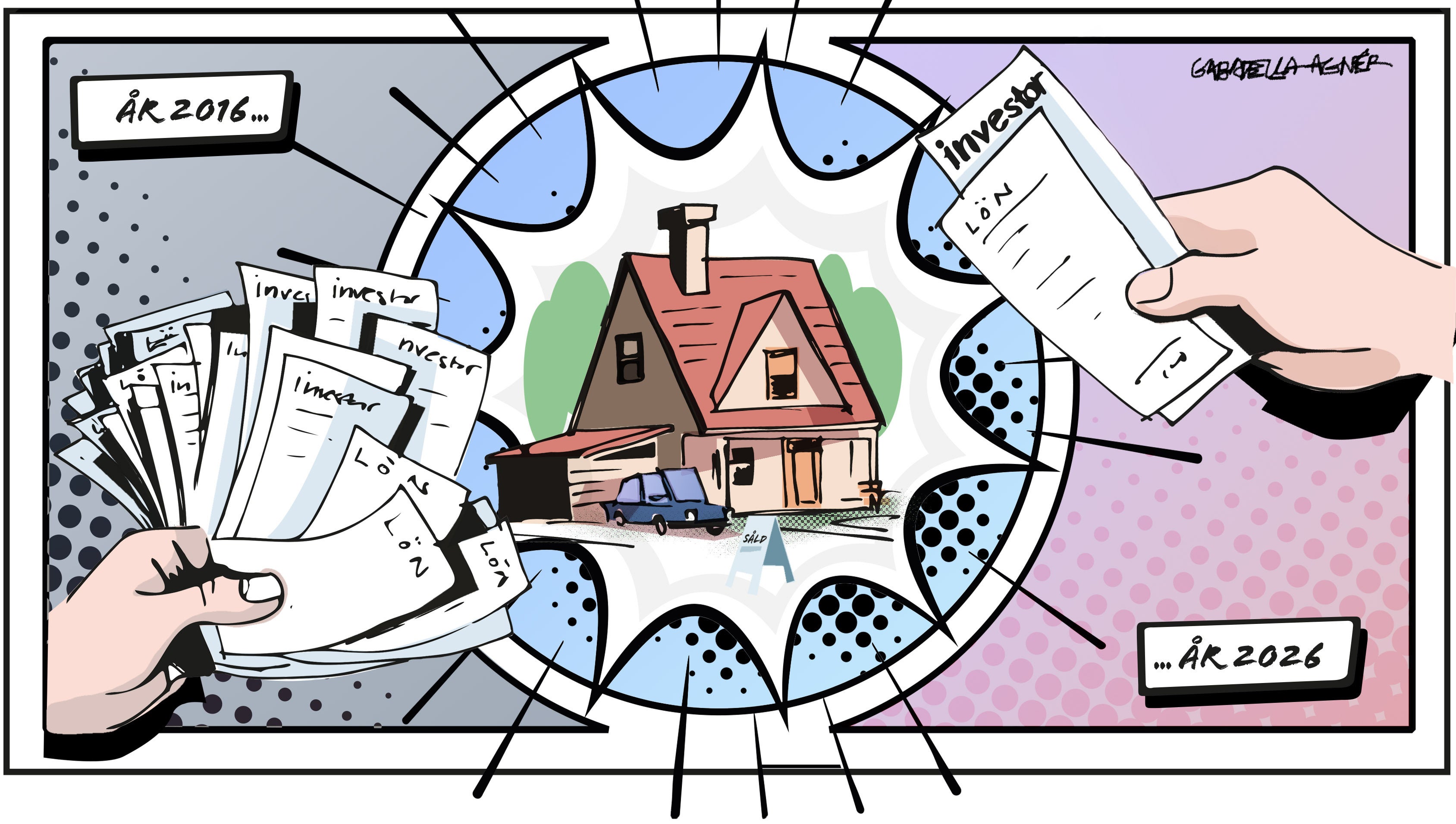 Illustration som visar utvecklingen av bostadspriser från 2016 till 2026. Ett hus är omgivet av en tidslinje med två händer som håller upp dokument och grafer, vilket symboliserar prisförändringar över tid.