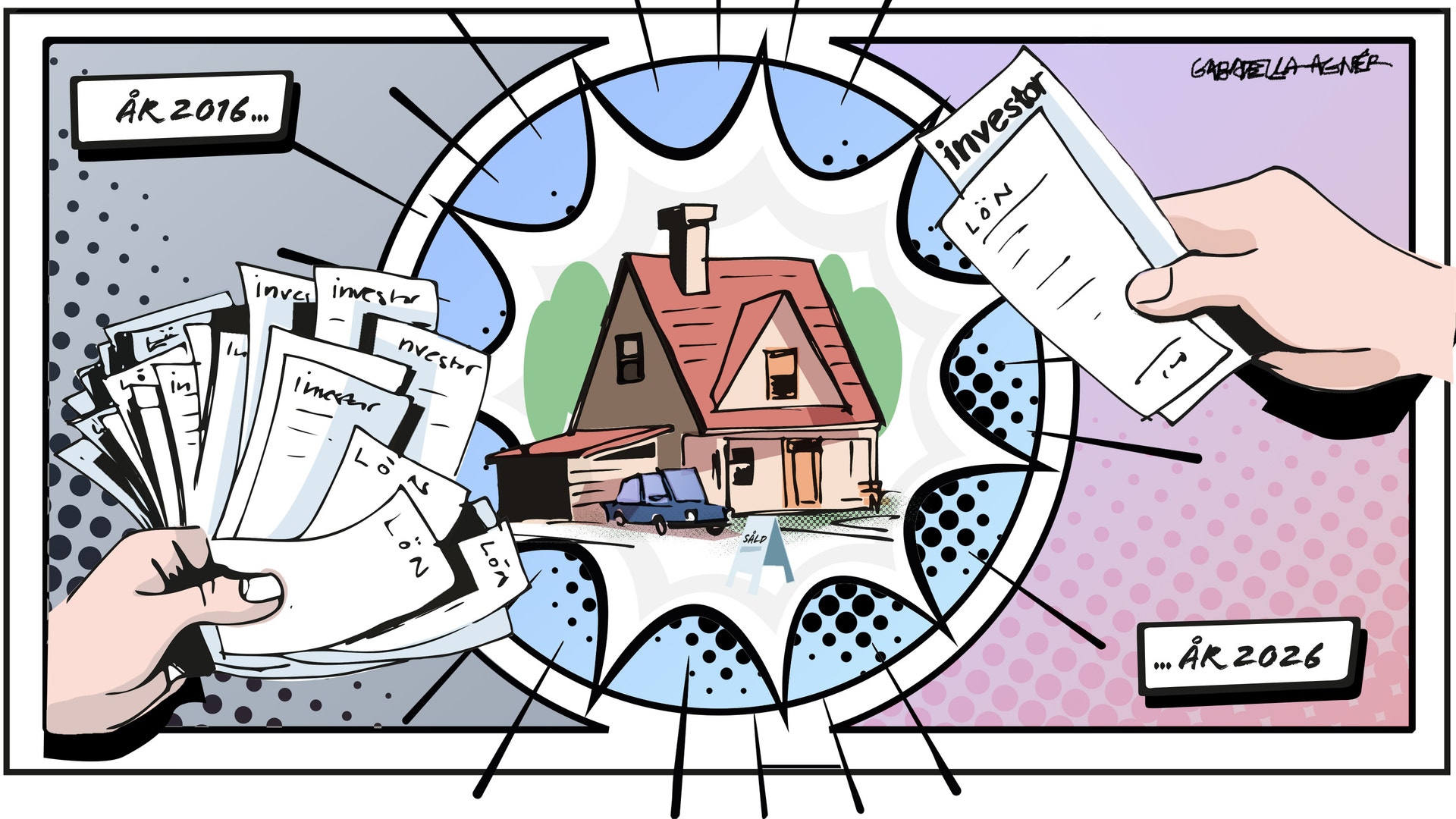 Illustration som visar utvecklingen av bostadspriser från 2016 till 2026. Ett hus är omgivet av en tidslinje med två händer som håller upp dokument och grafer, vilket symboliserar prisförändringar över tid.