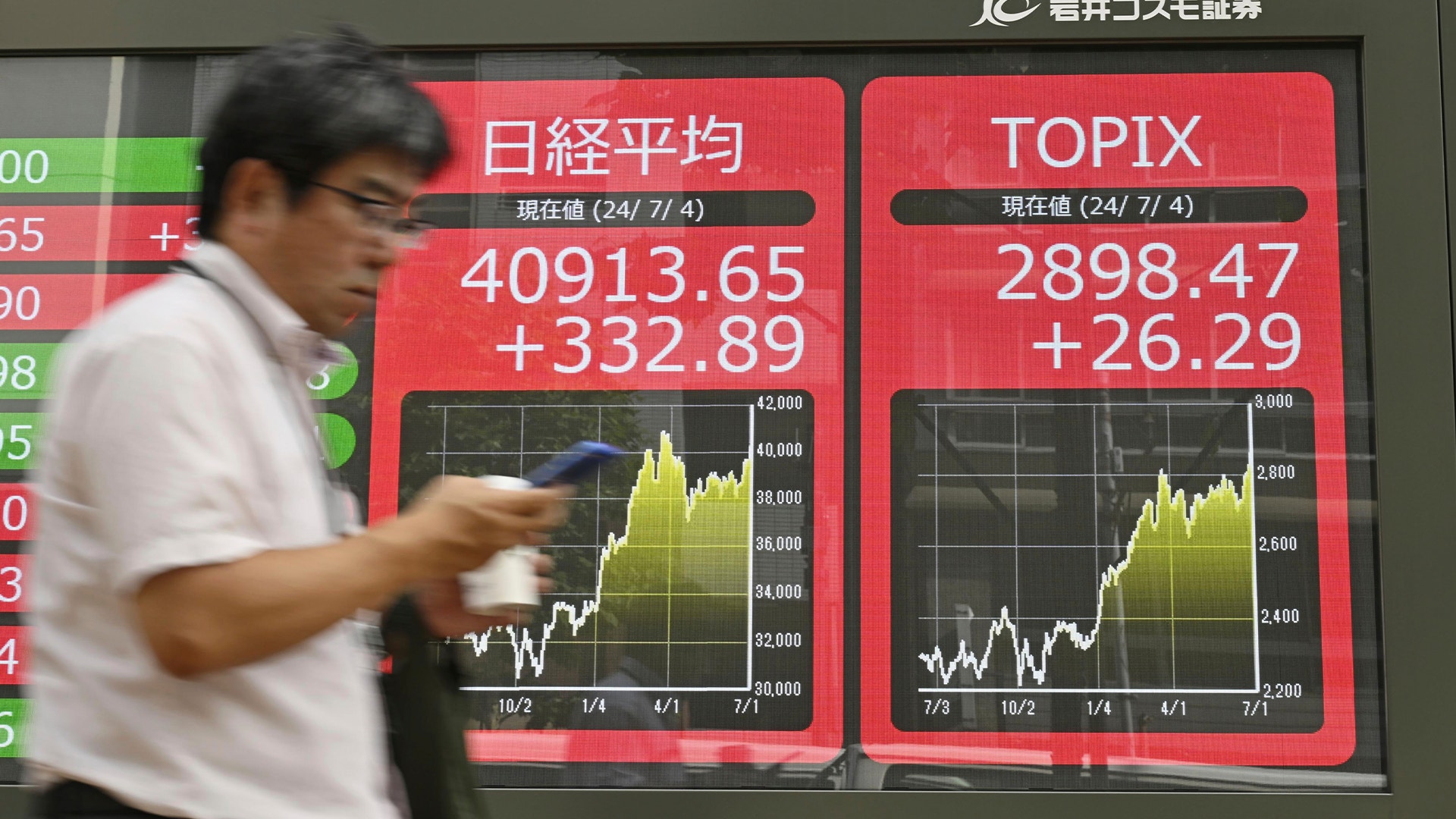 Man i vit skjorta pekar på en stor skärm som visar japanska aktieindex med grafer och kursnoteringar för Nikkei 225 och Topix.