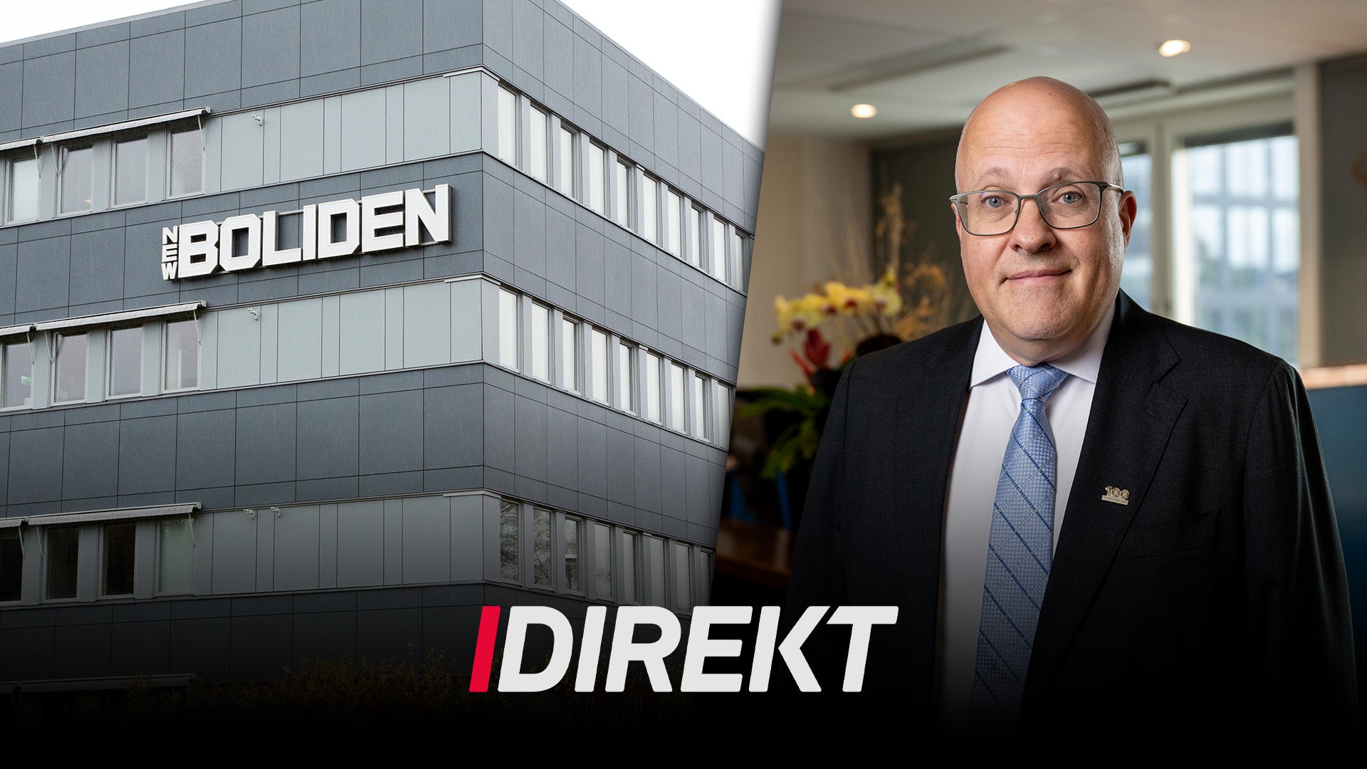 Porträtt av man i affärskostym bredvid Bolidens kontorsbyggnad