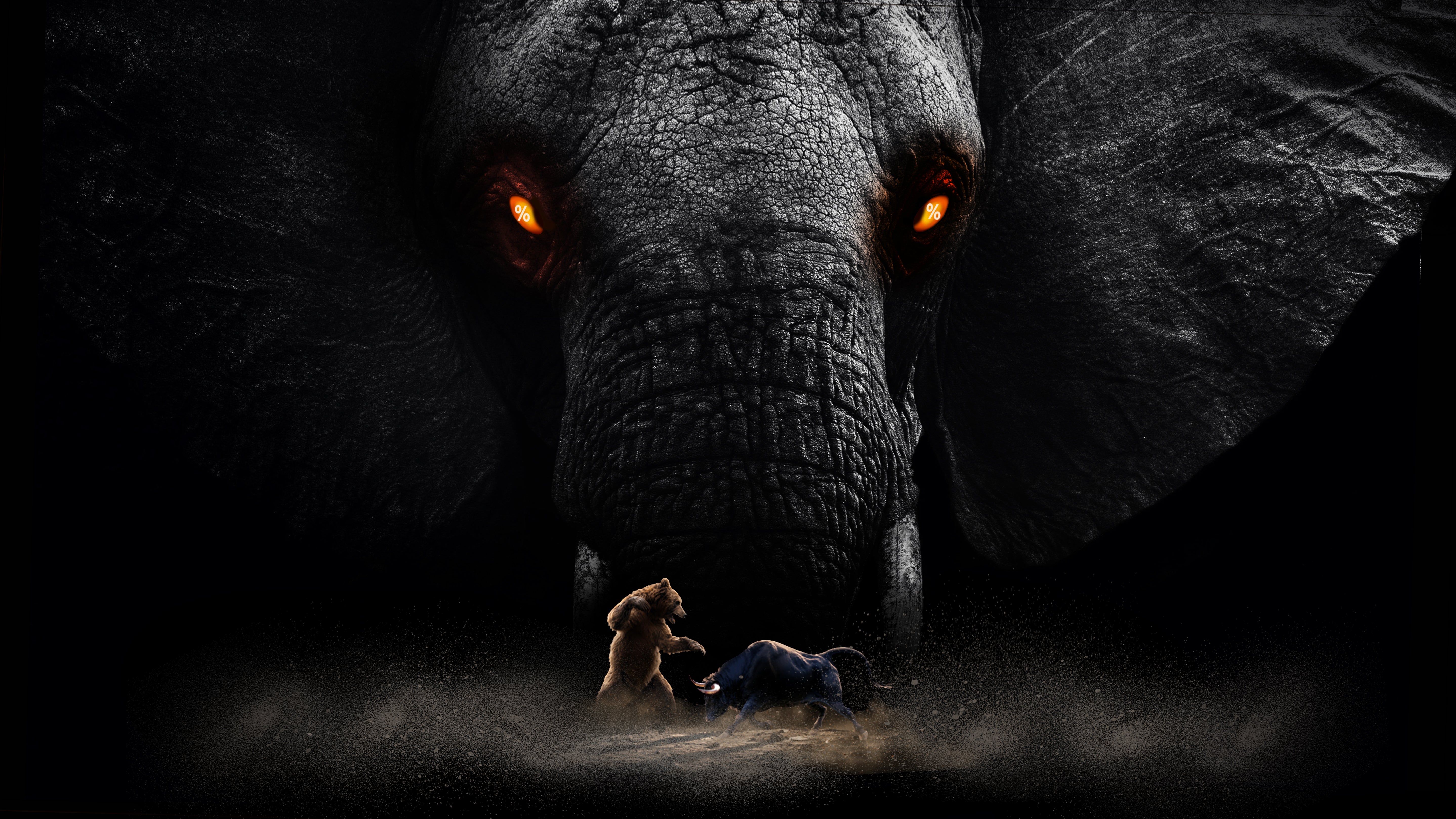 En stor elefant med glödande ögon tornar upp sig i mörkret över en björn och en tjur som slåss.