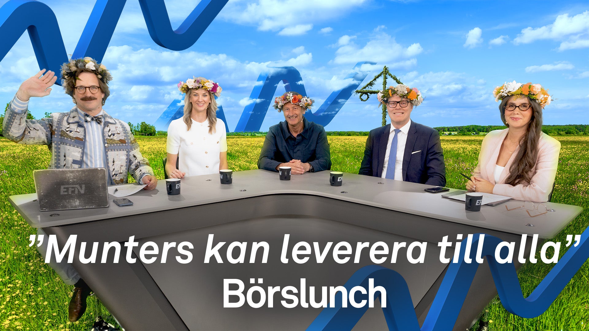 Börslunch-gästerna och programledarna sitter på ett animerat fält med midsommarkransar på huvudet.