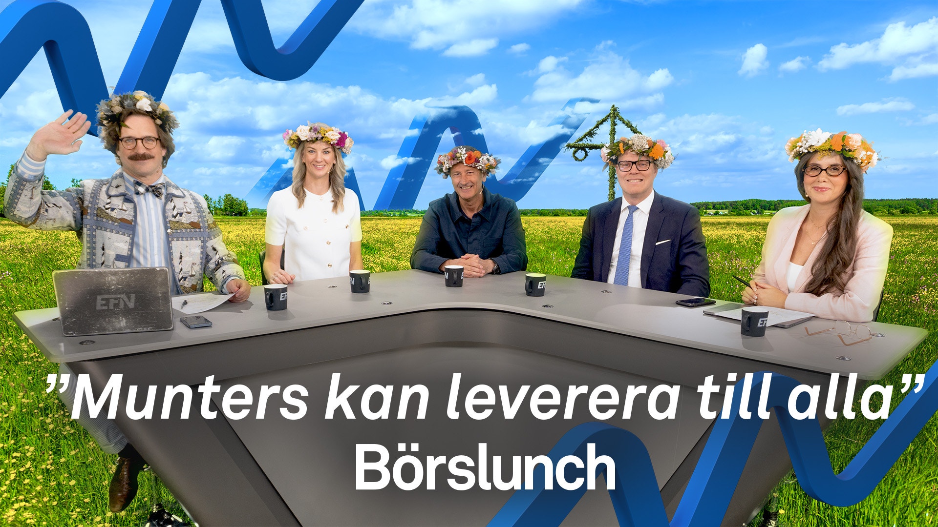 Börslunch-gästerna och programledarna sitter på ett animerat fält med midsommarkransar på huvudet.