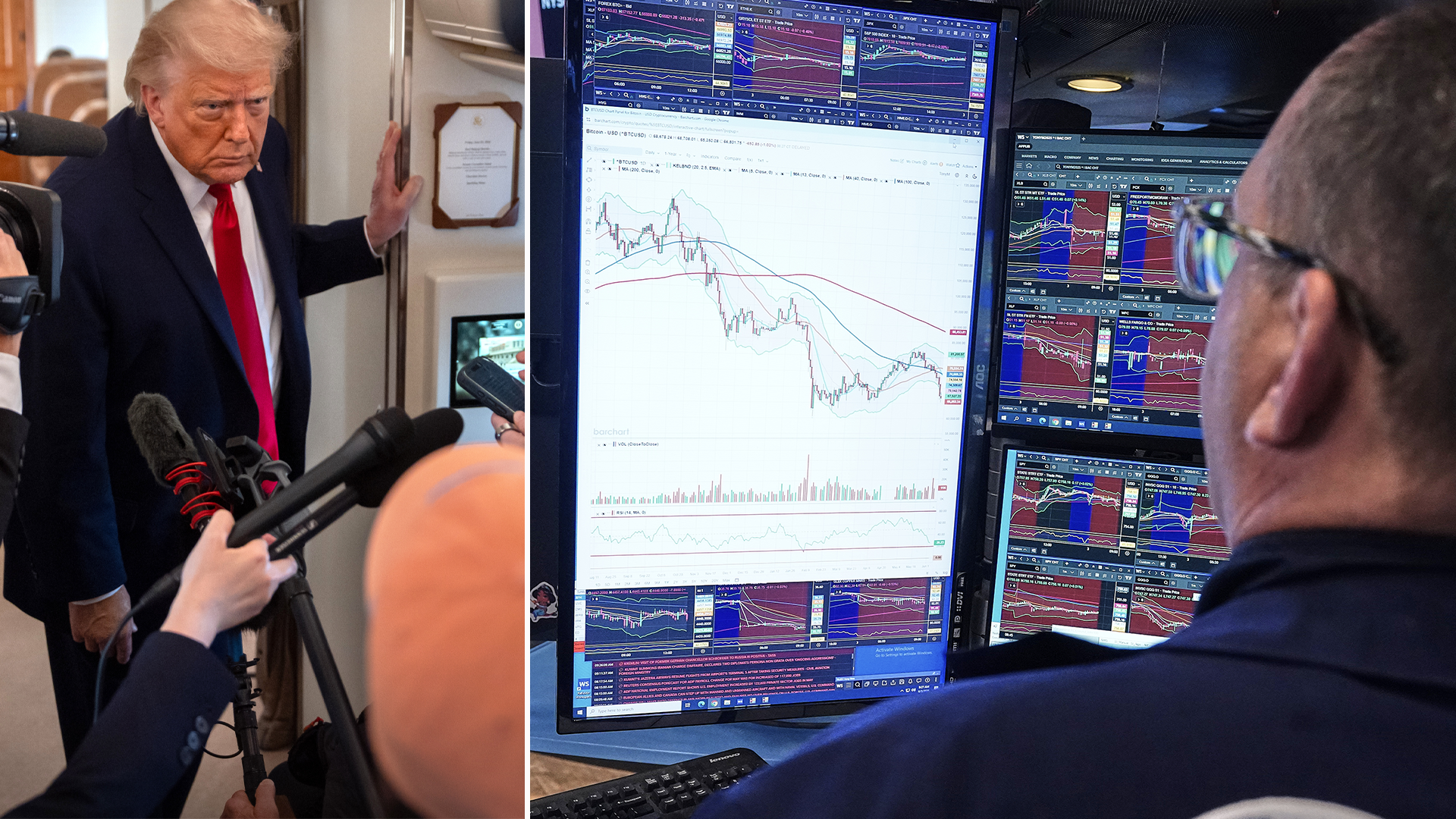 Sammansatt bild som visar en man i kostym som intervjuas av en reporter på vänster sida, och en person som övervakar finansiella marknadsdata på datorskärmar på höger sida.