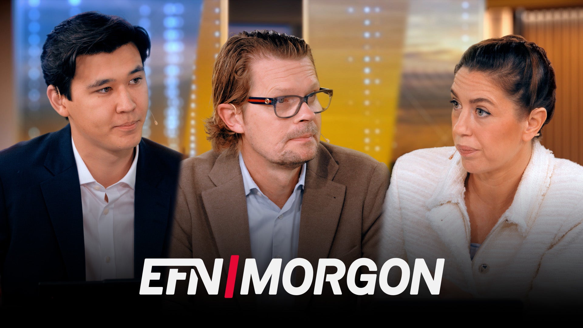 Två män och en kvinna i studio med loggan EFN Morgon.