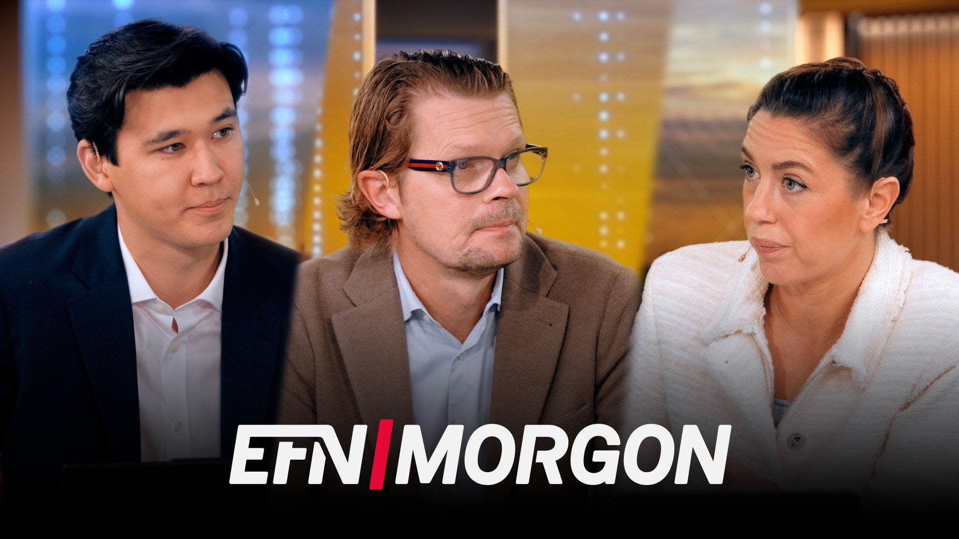 Två män och en kvinna i studio med loggan EFN Morgon.