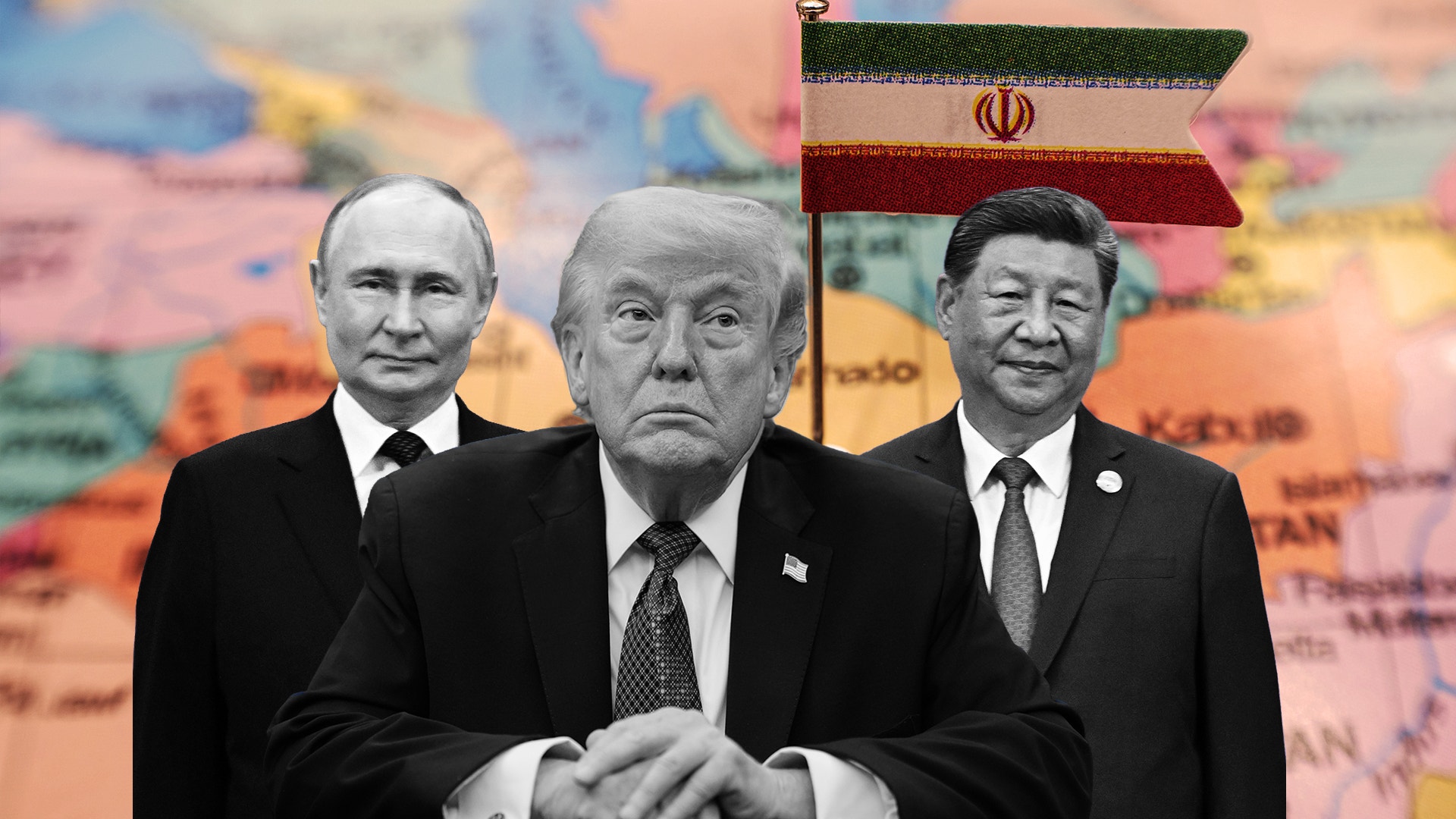 Illustrationsbild med tre män i kostym framför en världskarta och Irans flagga, som symboliserar geopolitiska relationer.