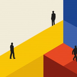 Illustration med tre människor som står på olika färgade geometriska former - gul, röd och blå - som möts i mitten. Symboliserar olika vägar och val.
