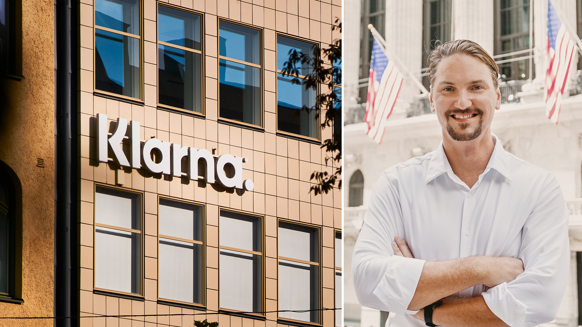 Bild på Klarna-kontor till vänster och pressbild på Tioex vd Johan Hägglund till höger.