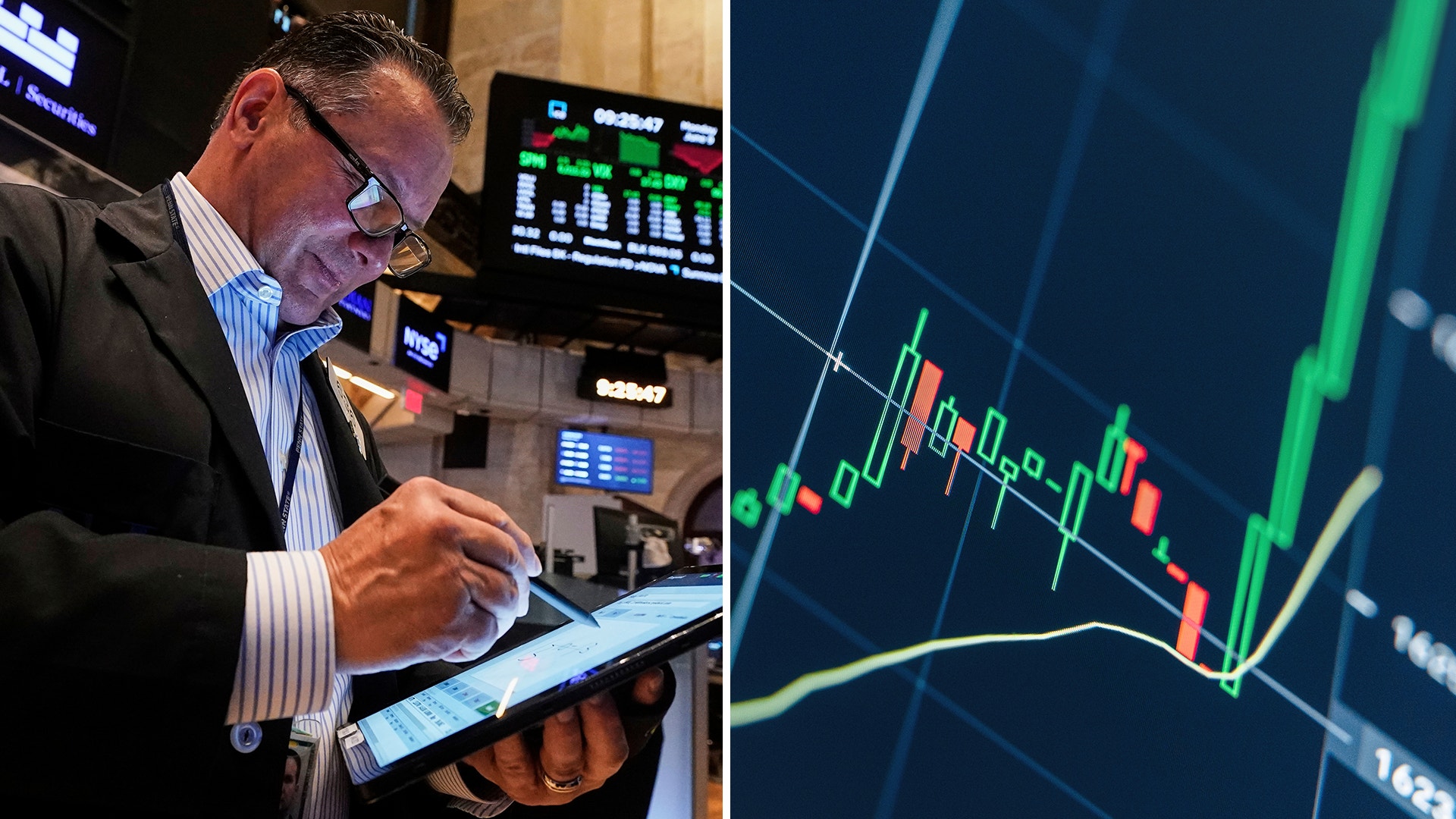 En investerare står och följer utvecklingen på Wall Street till vänster. Kursgrafer till höger.