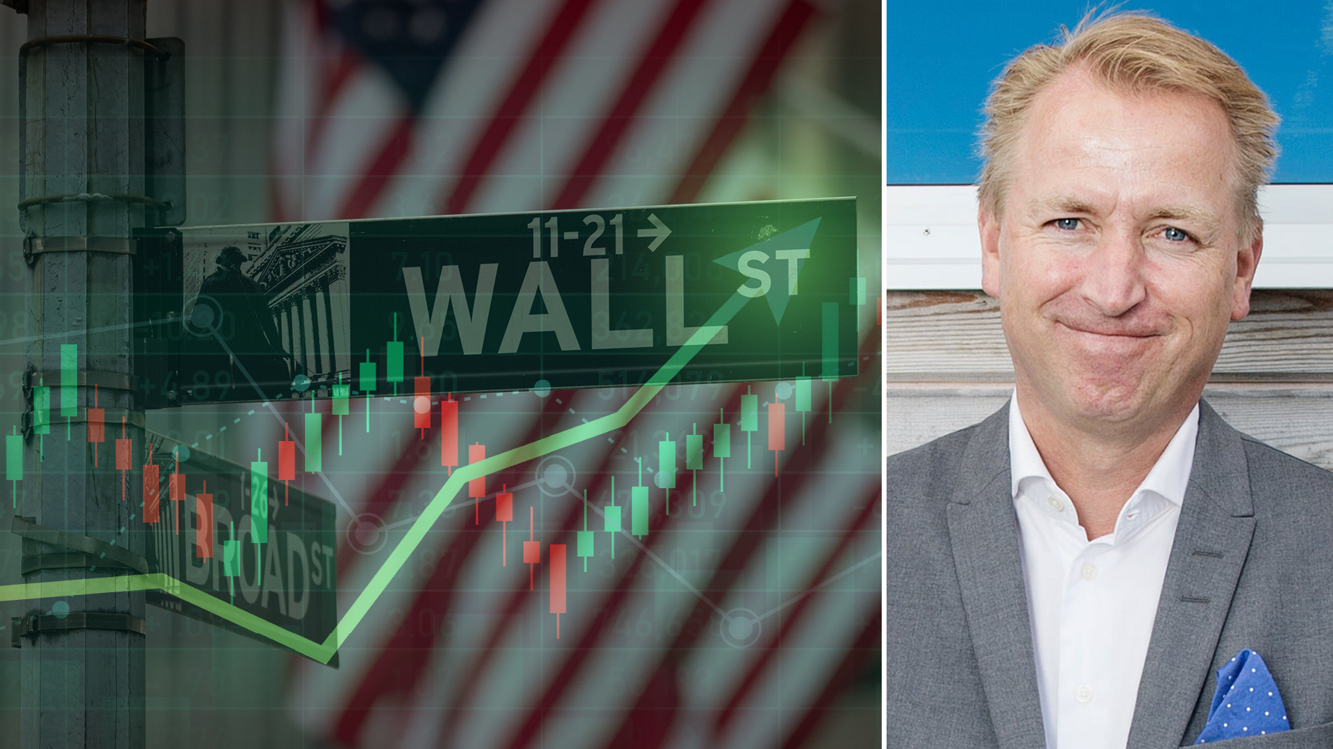 Genrebild på USA-börsen till vänster och Jonas Olavi till höger.