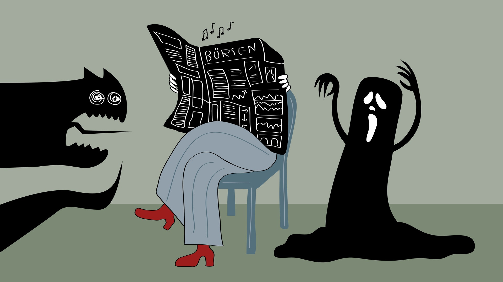 Illustration av en person som läser tidningen Börsen medan ett monster och ett spöke försöker skrämma honom. Personen verkar helt oberörd.