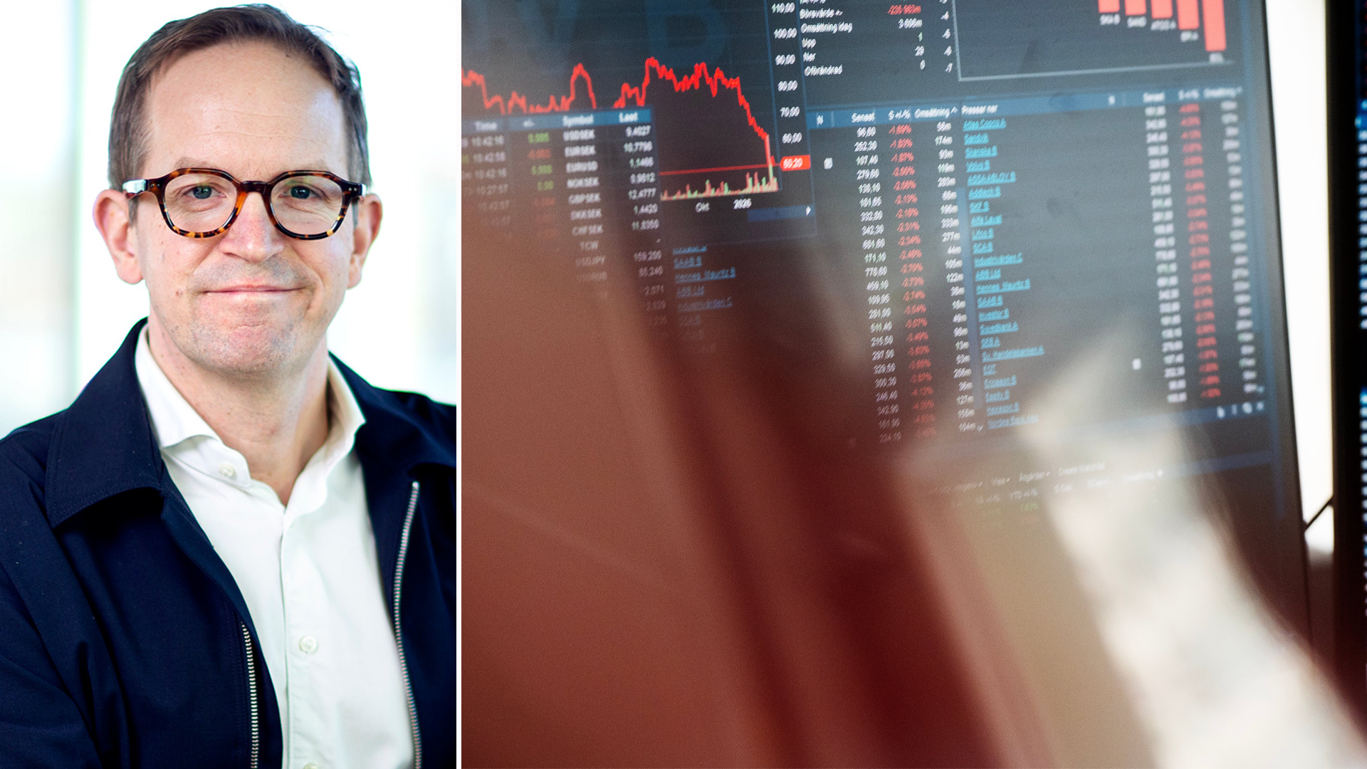 Porträtt av en man i affärskläder med ett finansiellt diagram i bakgrunden