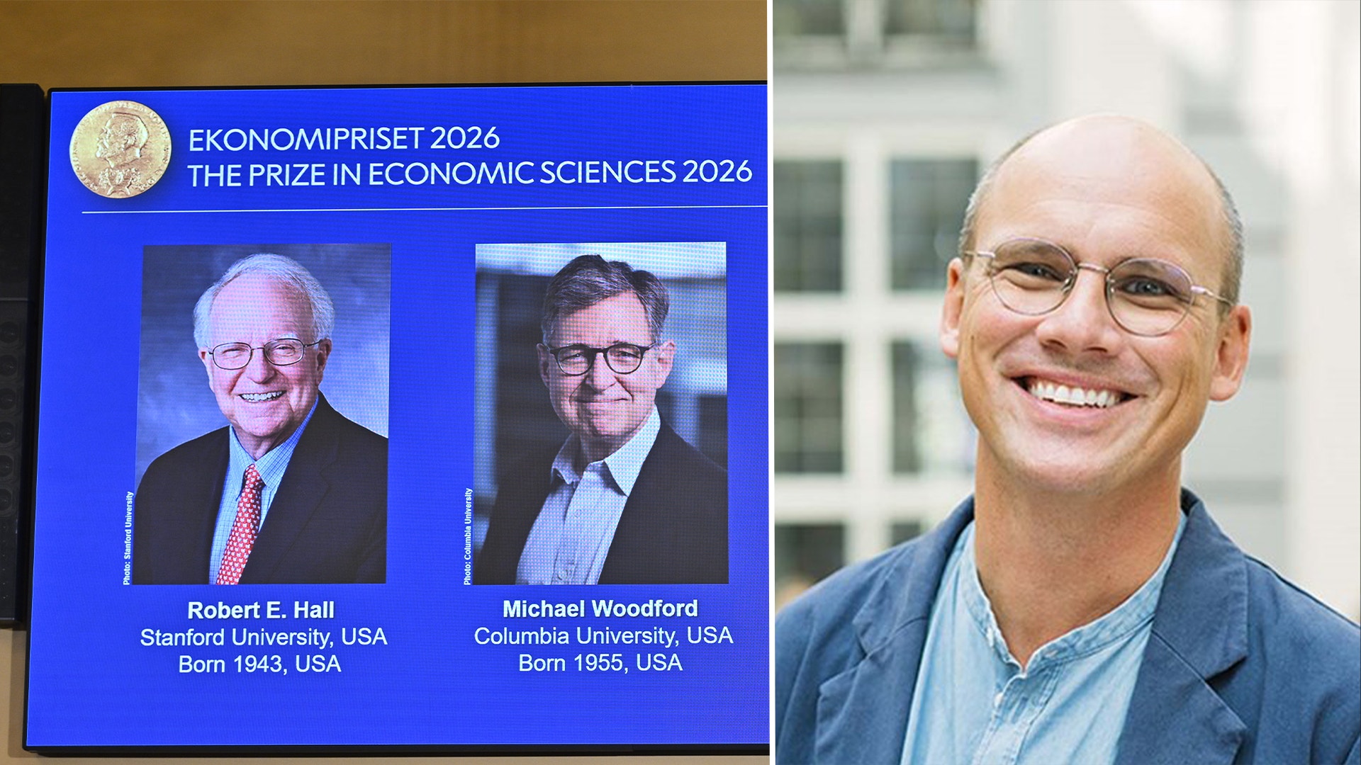 Collage med en skärm som visar två pristagare i ekonomipriset 2026, Robert E. Hall och Michael Woodford, samt ett porträtt av en leende man med glasögon.