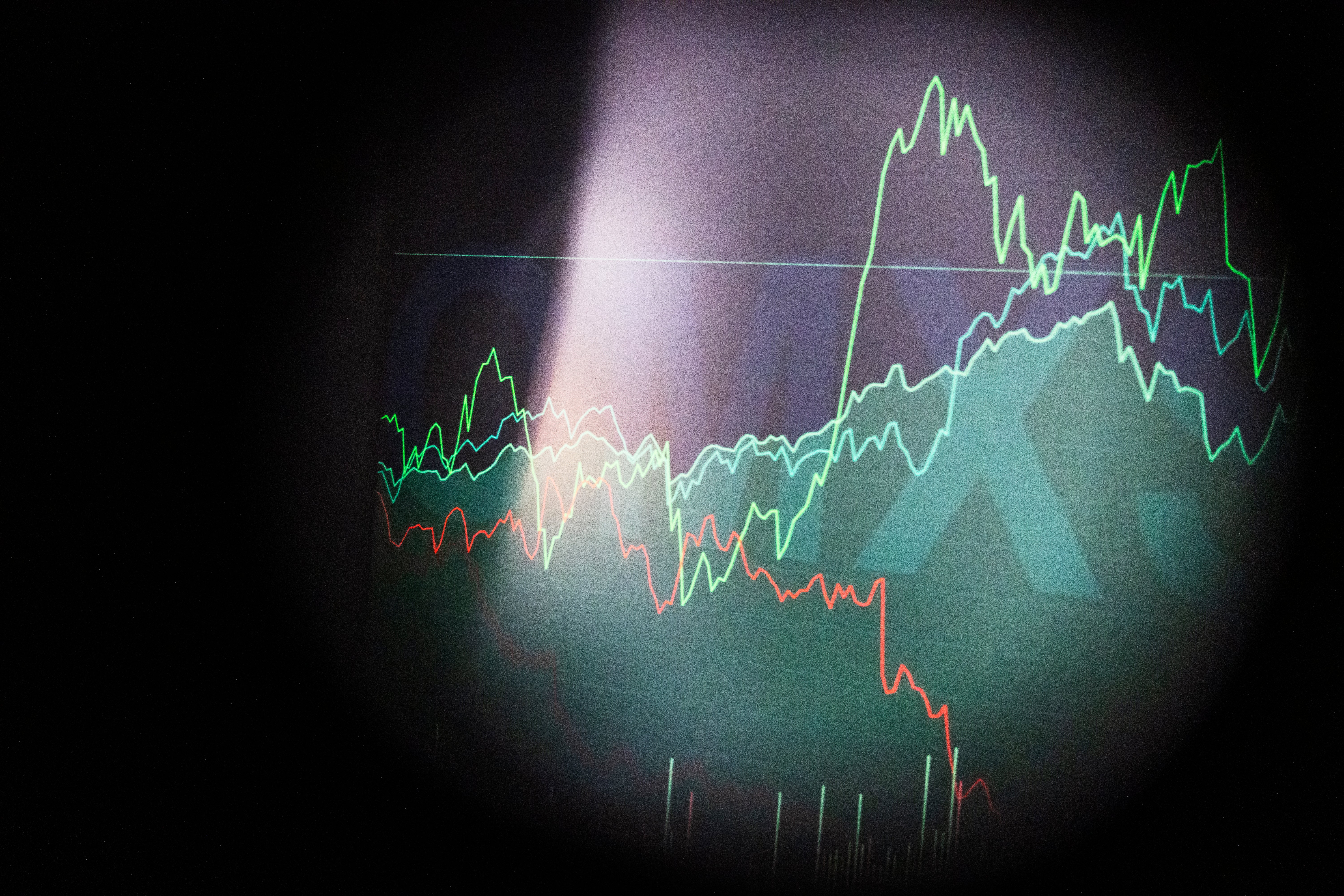 Finansiell graf med flera färgade trendlinjer som visar aktiekurser eller marknadsdata över tid på mörk bakgrund.