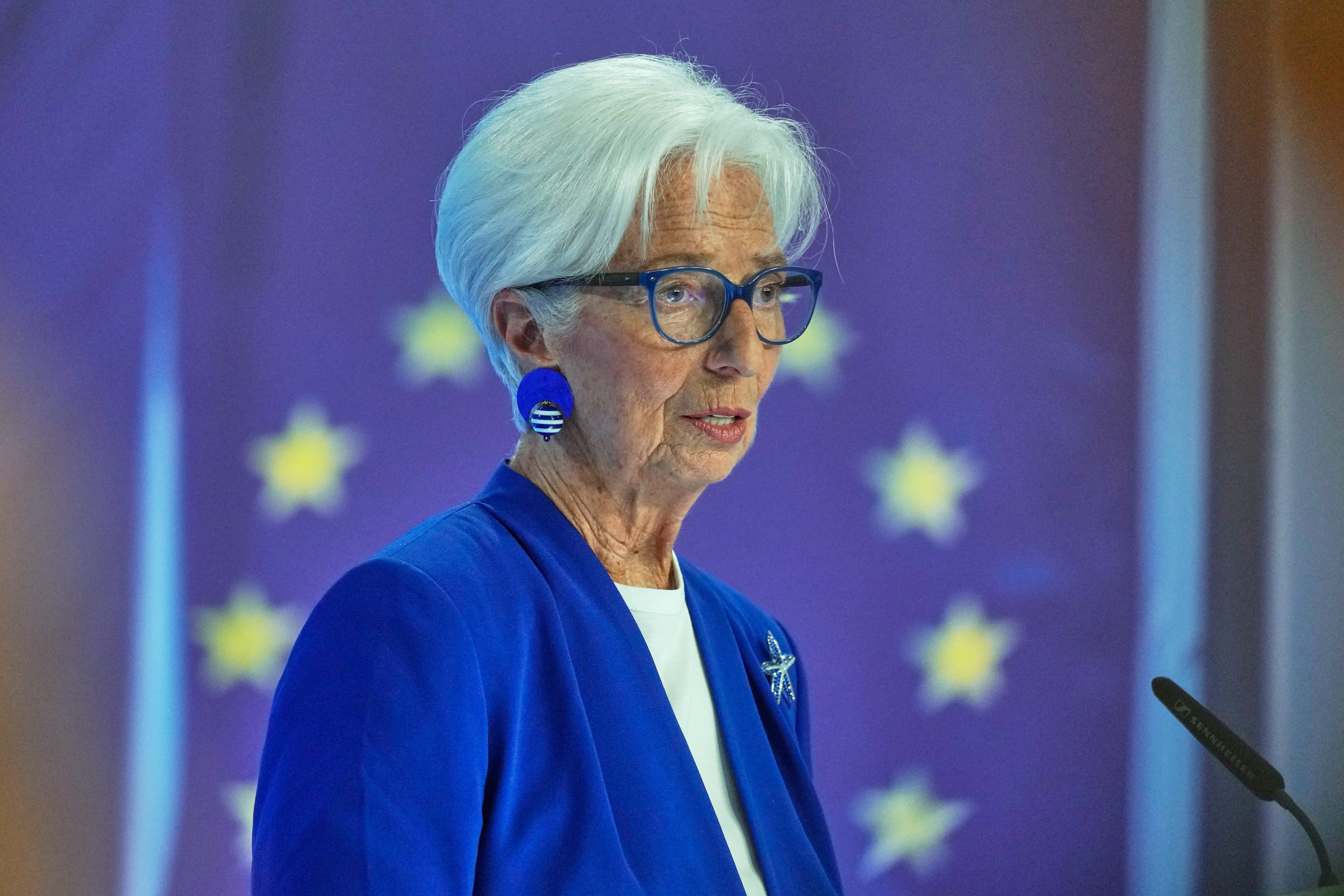 En äldre kvinna med vitt hår och glasögon, klädd i mörkblå kavaj, står framför en bakgrund med EU-flaggans stjärnor.