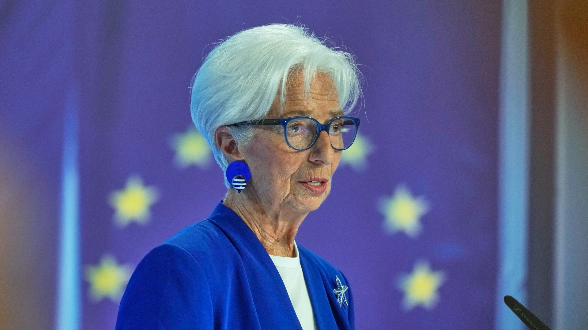 En äldre kvinna med vitt hår och glasögon, klädd i mörkblå kavaj, står framför en bakgrund med EU-flaggans stjärnor.
