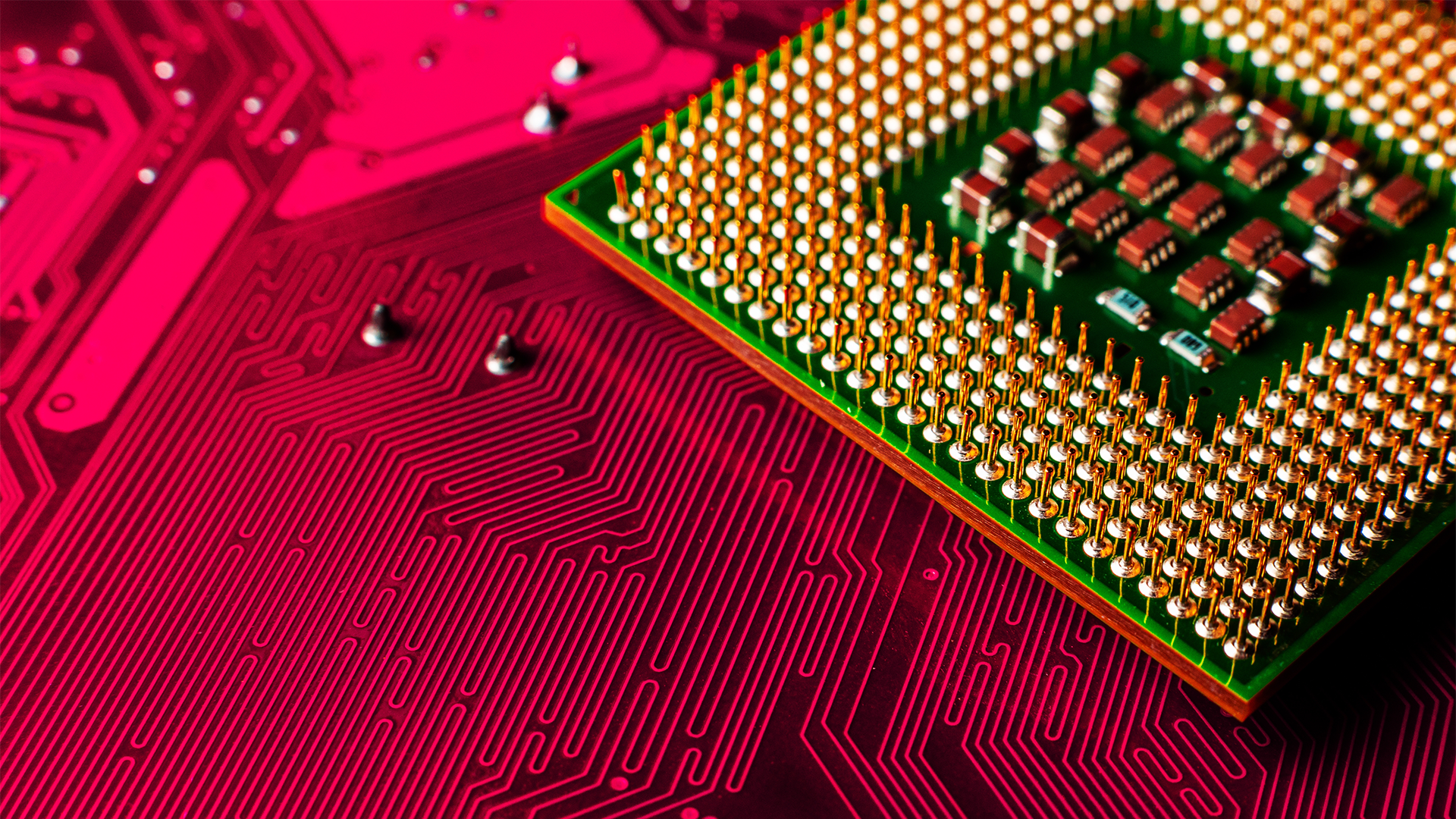 Datorchip och kretskort med rosa och grön belysning