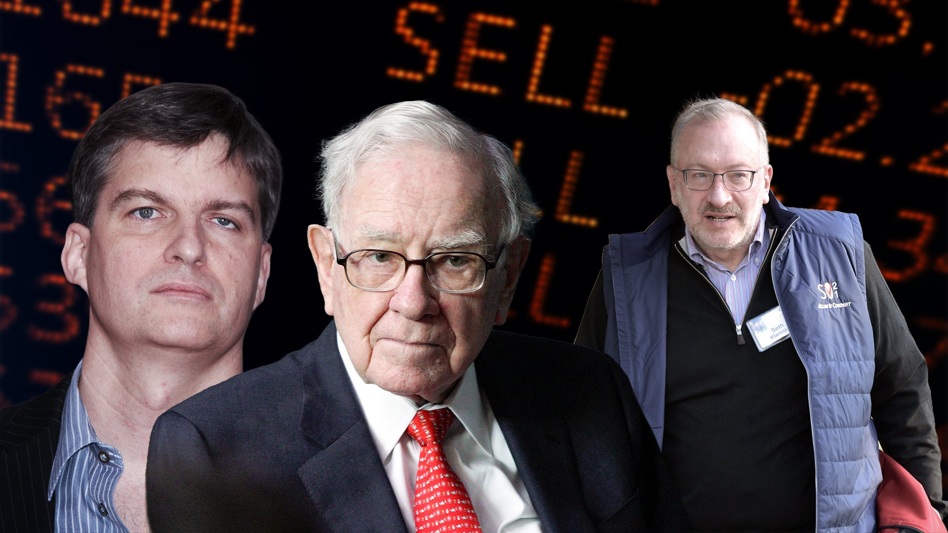 Tre män i affärskläder mot bakgrund med börskurser och finansiell data