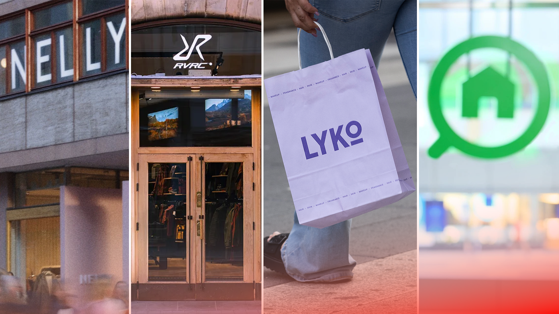 Collage med fyra bilder som visar olika shoppingplattformar: butiksfasad för Nelly, butiksentré för JK, hand som håller en Lyko-påse, och en grön hemikon.